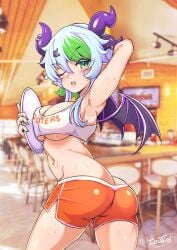 1girls 2d 2d_(artwork) 2d_artwork annoyed annoyed_expression arched_back arm_up armpit armpit_crease armpit_fetish armpit_sweat armpits artist_name artist_signature ass ass_focus back_view bebatch behind_view big_ass big_breasts blush breast_press breasts cleavage cowboy_shot demon_horns demon_wings eyelashes female female_only from_behind froot goth goth_girl green_eyes green_hair green_nails grey_hair hairclip holding_object holding_plate holding_platter hooters hooters_uniform horns impossible_clothes impossible_fit indie_virtual_youtuber large_breasts legs_apart lich long_eyelashes looking_at_viewer looking_back lowleg lowleg_shorts midriff multicolored_hair navel one_eye_closed open_mouth painted_nails plate platter pointy_ears pose posing posing_for_the_viewer purple_horns purple_wings restaurant seductive seductive_pose sexy_pose shiny_skin short_hair shorts side_slit sidelocks signature solo solo_female streaked_hair sweat sweaty_armpits tank_top thigh_slit tight_clothing underboob virtual_youtuber vtuber wings