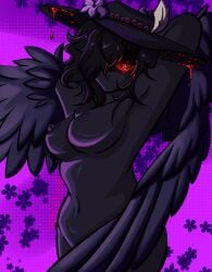 1girls art_request batteryacidcandy cryptozoology dark_body female fully_nude half_body hat large_breasts milf monster_girl moth mothman oc_request purple_background red_eyes request roblox_avatar robloxian self_upload urban_legend vivian_red wings