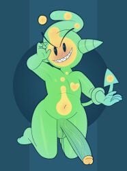 2026 balls blush circle_head gemsum genitals goo_creature green_body green_penis heart_symbol hi_res horn humanoid hyper_long_penis male multicolored_body non-human non-human_head non-human_only nude penis sharp_teeth simple_background solo spade_tail spit_(gemsum) tail tail_around_arm tail_coil teeth toony two_tone_body vein veiny_penis yellow_penis_tip