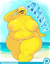 :d belly big_belly big_breasts blonde_hair breasts closed_eyes cyclops dialogue dieselbrain english_text female hair hi_res huge_breasts humanoid navel nipples nude obese open_mouth overweight overweight_female patreon pussy short_hair solo sucy suntan tan_line teeth text thick_thighs tongue url wide_hips yellow_skin