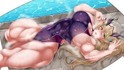 1girls 2021 alternate_version_available barghest_(gawain)_(fate) big_breasts blonde_hair blush breasts fate_(series) female female_only green_eyes hair heterochromia hips huge_breasts laying_down muscles muscular muscular_female on_back one-piece_swimsuit pink_eyes poolside purple_swimsuit shiriya solo solo_female sweat sweating sweaty swimsuit swimwear thick_thighs thighs thunder_thighs