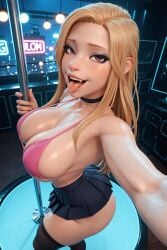 1girls 3d 3d_(artwork) ai_generated big_ass big_breasts bikini blonde_hair busty cleavage drooling freckles long_hair naughty_face open_mouth pleated_skirt radnsad sindy(oc) skirt solo solo_female solo_focus stripper stripper_pole thick_ass thick_thighs tongue tongue_out