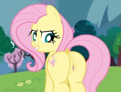 2015 anus ass clitoris dock equine female feral fluttershy_(mlp) friendship_is_magic horse looking_back mammal my_little_pony outside pony puffy_anus pussy pussy_juice shutterflyeqd smile solo