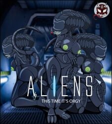 3girls 8ball9615 alien_(franchise) alien_girl alien_humanoid big_ass big_breasts biomechanical black_body green_lips green_nipples monster_girl movie_poster muscular_female parody pussy pussy_juice pussy_juice_drip saliva seductive tail xenomorph