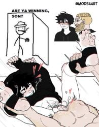 are_ya_winning_son beard blonde_hair chad_(meme) cum cumming doomer_boy gay male male_only meme modsa666 mutual_penetration size_difference wojak_comics