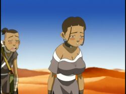 1boy 1girls avatar_the_last_airbender big_breasts blue_eyes breasts brown_hair cleavage clothed clothing dark-skinned_female dark_skin desert edit erect_nipples erect_nipples_under_clothes grey_eyes katara large_breasts poivoit screenshot screenshot_edit sweat wet