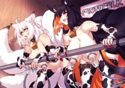 2girls akatsuki_(deathblight) areolae arm_cuffs black_hair blue_eyes blue_nails bondage breast_sucking breasts chained chains cow_print cow_print_gloves cow_print_thighhighs cowbell crescentia deathblight female female_only femsub fox_ears fox_tail functionally_nude kemonomimi kumiko_(deathblight) lactating lactation large_breasts long_fingernails long_hair milk milking_machine multiple_girls multiple_subs multiple_tails nipples nude orange_hair pleasure_face pregnant red_eyes red_nails two_tone_hair white_hair