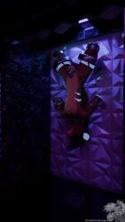 3d_(artwork) 4k 9:16 absurd_res anthro arms_tied balls black_hair blender_(artwork) blender_eevee_(artwork) blindfold blue_markings bound brown_body brown_fur chastity_cage chastity_device collar digital_media_(artwork) floor_drain free_use fully_bound fur gag genitals glowing glowing_markings hair hi_res hyena kinktober kinktober_2025 legs_tied lock malachi_(dantheyeen) male male_only mammal markings nightclub nude padlock portal_amputation public ring_gag solo somesnowleopard spots spread_eagle thinking_with_portals upside_down
