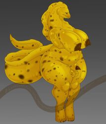absurd_res anthro aquatic areola balls big_breasts breasts brown_eyes brown_spots eel fish genitals gynomorph hi_res intersex khemmmis nipples non-mammal_breasts non-mammal_nipples nude penis simple_background solo spots thick_thighs yellow_body