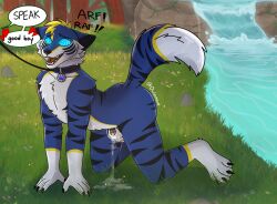 all_fours anthro artywolf barking blue_body blue_fur bluefiger bodily_fluids bondage canid canine canis chastity_cage chastity_device collar command fur genital_fluids genitals hi_res hypnosis in-sheath_cage knot knotted_penis leaking_precum leash leashed_collar male mammal mind_control open_mouth open_smile pawpads paws penis petplay precum roleplay sheath_cage smile solo speech_bubble submissive submissive_male waterfall wolf