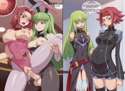 1futa 1girl :3 ai_generated animal_ears before_and_after blk9201 blush breasts_out bunny_ears c.c. clitoris code_geass fake_animal_ears female female/female fertilization frown full-package_futa futa_on_female futanari glaring impregnation intersex kallen_stadtfeld large_breasts leotard lesbian multiple_girls open_mouth ovum penis penis_in_pussy penis_out playboy_bunny pregnant pussy pussy_cutout pussy_juice sperm_cell sperm_meets_ovum standing_on_one_leg standing_sex torn_clothes urethra vaginal vaginal_penetration yuri