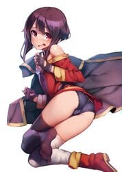 1girls ass ataruman bare_shoulders black_gloves black_hair black_legwear black_panties black_underwear boots choker female female_only fingerless_gloves gloves high_resolution kono_subarashii_sekai_ni_shukufuku_wo! leg_wrap looking_back megumin mismatched_legwear open_mouth pantsu pettanko red_eyes short_hair_with_long_locks simple_background smile solo thighhighs thighs trefoil underwear white_background