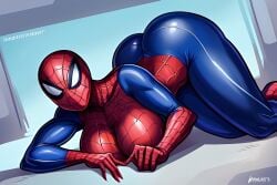 ai_generated ass big_ass big_breasts female jack-o_pose lying_down marvel marvel_comics solo spider-girl spider-man_(series) spider_girl superheroine thick_thighs