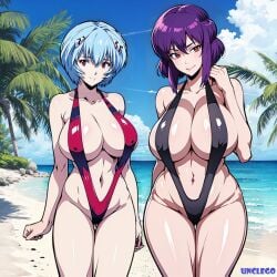 2girls ai_generated asian asian_bimbo asian_female beach big_breasts bikini bimbo black_bikini blue_hair breasts clone crossover curvy cyborg different_breast_sizes ghost_in_the_shell ghost_in_the_shell_stand_alone_complex huge_breasts kusanagi_motoko looking_at_viewer milf mother_and_daughter neon_genesis_evangelion posing purple_hair red_bikini red_eyes rei_ayanami self_upload sling_bikini slingshot_swimsuit smiling stable_diffusion standing teenager unclego wide_hips