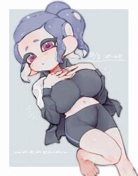 barefoot bimbofication black_bra blue_hair blush bra breasts collared_shirt covered_nipples dated doro_mizu_831 female highres looking_at_viewer navel octoling octoling_girl octoling_player_character open_clothes open_shirt petite pink_eyes ponytail shirt short_hair solo splatoon splatoon_(series) tentacle tentacle_hair underwear waka-chan_(doro_mizu_831)