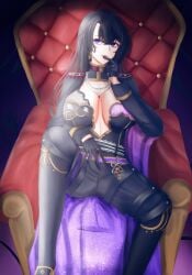 boob_window clothed d4dj himegami_shano huge_breasts komet_(artist) legs_apart sexy_pose throne