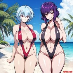 2girls ai_generated asian asian_bimbo asian_female beach big_breasts bikini bimbo black_bikini blue_hair breasts clone crossover curvy cyborg different_breast_sizes ghost_in_the_shell ghost_in_the_shell_stand_alone_complex huge_breasts kusanagi_motoko looking_at_viewer milf mother_and_daughter neon_genesis_evangelion posing purple_hair red_bikini red_eyes rei_ayanami self_upload sling_bikini slingshot_swimsuit smiling stable_diffusion standing teenager unclego wide_hips