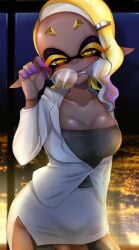 2020s 2024 bedroom_eyes big_breasts black_mane blush blushing_at_viewer breasts city_background clothed clothing dark-skinned_female dark_body dark_skin digital_drawing_(artwork) digital_media_(artwork) dipstick_fingers frye_(news_reporter) frye_(splatoon) frye_onaga glasses glasses_removed half-closed_eyes hi_res humanoid_pointy_ears inkling looking_at_viewer mugyiiiii_ika nintendo office_clothing open_mouth open_smile pointy_eared_humanoid pointy_ears smiling smiling_at_viewer splatoon splatoon_(series) splatoon_3 tentacle tentacle_hair thick_thighs white_clothing yellow_eyebrows yellow_eyes yellow_hair