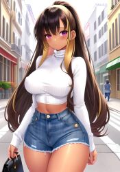 ai_generated bangs big_breasts big_butt big_hips big_thighs crop_sweater cropped_sweater denim_bottomwear denim_shorts fat_thighs female_only gyaru huge_breasts huge_hips long_hair multicolored_hair purple_eyes straight_hair street sweater tan_body tanned_female tanned_girl tight_sweater turtleneck turtleneck_sweater zarazin