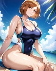 1girls ai_generated alternate_breast_size beach big_breasts bostin breasts busty cleavage curvaceous curvy curvy_body curvy_female curvy_figure female huge_breasts jujutsu_kaisen kugisaki_nobara large_breasts outdoors sitting solo sweat sweating sweaty sweaty_body sweaty_breasts swimsuit thick_thighs thighs venus_body voluptuous