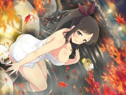 ass back bare_back bare_legs bare_thighs big_breasts black_eyes black_hair blush body_blush breasts butt_crack cleavage hair_ribbon hot_spring marvelous murakumo_(senran_kagura) naked_towel official_art onsen open_mouth outdoors partially_submerged ponytail senran_kagura senran_kagura_new_link shiny_skin sideboob smile soaking_feet thighs towel towel_only water wet_body wet_hair wet_towel yaegashi_nan