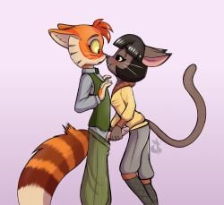 anthro assertive_female blush bottomwear bottomwear_down bow_tie breasts brown_body brown_fur calvin_mcmurray clothed clothing digital_media_(artwork) domestic_cat duo erection eye_contact felid feline felis female freckle_mcmurray fur genitals hair hi_res humanoid_genitalia ivy_pepper lackadaisy looking_at_another male male/female mammal mancoin nose_to_nose orange_body orange_fur pants pants_down partially_clothed penis penis_grab signature simple_background small_breasts smile tail topwear undressing undressing_another whiskers