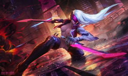 absurd_res absurdres areolae breasts breasts_out cyborg female female_only highres katarina_du_couteau knife league_of_legends liquidshadow nipples nude_edit pose project_katarina project_series pussy solo solo_focus topless visor white_hair