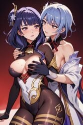 ai_generated amusingshi7890 blue_hair ganyu_(genshin_impact) genshin_impact groping purple_hair raiden_shogun sweat sweaty undressing video_games yuri