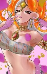 1girl 1girls absurdres armlet breasts brown_hair choker cosplay digital_drawing_(artwork) digital_media_(artwork) earrings female highres jewelry lewa_nn looking_at_viewer nabooru_(cosplay) navel ocarina_of_time octoling octoling_girl octoling_player_character orange_hair pink_nails short_hair splatoon splatoon_(series) tentacle tentacle_hair the_legend_of_zelda the_legend_of_zelda:_ocarina_of_time