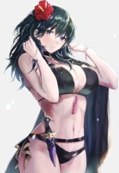 3h_aria absurdres bikini black_bikini blue_eyes blue_hair breasts byleth_(female)_(fire_emblem) byleth_(female)_(summer)_(fire_emblem) byleth_(fire_emblem) byleth_(fire_emblem)_(female) cape cleavage dagger female fire_emblem fire_emblem:_three_houses fire_emblem_heroes flower hair_flower hair_ornament highres knife large_breasts looking_at_viewer medium_hair navel nintendo official_alternate_costume parted_lips red_flower simple_background solo sweat swimsuit weapon wide_hips