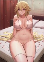 blonde_hair bottomless bra breasts fate_(series) jeanne_d'arc_(fate) kakeku looking_at_viewer navel pubic_hair thighhighs vagina