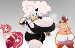 3girls amy_rose big_ass big_breasts big_thighs blue_eyes brown_hair cyberlord1109 dat_ass fat_ass female female_focus female_only furry glitchlord8391 green_eyes huge_ass huge_breasts lanolin_the_sheep pink_fur princess_elise short_hair sonic_(series) sonic_2006 sonic_the_hedgehog_(series) sportswear thick_thighs water_bottle white_fur wide_hips