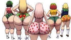 5girls ai_generated anonymous_characters anonymous_femanoy apple_butt ass_focus big_ass big_butt blackwhiplash_(style) blonde_hair bottom_heavy bunanza_ caked_up character_design dat_ass dress dress_inside_ass dumptruck_ass dumptruck_butt edit edited fanart fat_ass fruit full_body green_hair green_highlights green_shorts group huge_ass huge_butt jacket lined_up lineup long_hair multiple_girls orange_shorts plump_ass plump_butt presenting_hindquarters red_hair short_dress short_hair strawberry strawberry_print t-shirt tagme themed_clothes thick_ass two_tone_hair watermelon_bikini white_socks wide_image widescreen