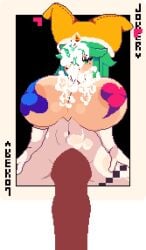 1boy 1girls after_orgasm animated areolae areolae_slip bouncing_breasts breasts cowgirl_position cum cum_on_object disembodied_penis game_cg gigantic_breasts gloves green_eyes green_hair heart_pasties heart_tattoo huge_breasts jester jester_hat joker_(playing_card) kogoeruretasu legwear loop looping_animation lustful_dreamers on_top pasties penetration penis pixel_animation pixel_art playing_card pussy saya_(lustful_dreamers) sex shared_senses smile tagme top_heavy topless topless_female transparent_background vaginal_penetration white_gloves