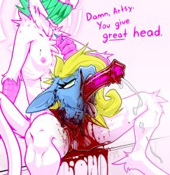 absurd_res animal_genitalia animal_penis anthro art's_desire blonde_hair blood blood_pool blue_body blue_fur bodily_fluids corpse cum cum_through dead_eyes death decapitation duo ejaculation equid equine equine_genitalia equine_penis fur genital_fluids genitals gore green_eyes guro hair hi_res horn horn_grab large_teeth mammal mythological_creature mythological_equine mythology necrophilia nosebleed passel_(ralek) penis pink_penis ralek reverse_blowjob severed_head sharp_teeth teeth unicorn unknown_species white_body white_fur