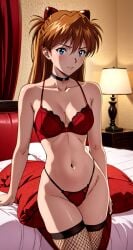 ai_generated akimbo223 asuka_langley_sohryu bed black_stockings bra choker cleavage fishnet_stockings fishnets g-string lingerie long_hair red_hair red_lingerie redhead romantic_ambiance small_breasts stable_diffusion stockings