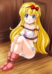 1girls absurd_res alternate_version_available angry arms_behind_back blonde_hair blue_eyes blush bondage boots bound bound_ankles bound_arms bow bra braid braided_hair breasts captured castlevania castlevania:_rondo_of_blood cleavage full_body hi_res konami long_hair looking_at_viewer maria_renard medium_breasts nao_takami panties ribbon rope rope_bondage sitting solo sweat twin_braids very_long_hair white_bra white_panties