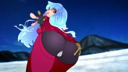 1girls big_ass big_butt clothed female frozen gloves grabbing_ass grabbing_own_ass ice king_of_fighters kula_diamond light_blue_hair long_hair looking_back mechanical_arm mountain outdoors red_eyes spreading tongue white_skin without_panties