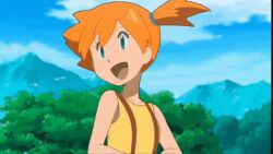 1girls ai_edit animated bottomless breast_expansion breasts casual_nudity cloud edit female female_only human human_only kasumi_(pokemon) large_breasts misty_(pokemon) navel nintendo nipples no_bra nude nude_filter orange_hair pokemon pokemon_sm pokemon_sm_(anime) pussy shirt_lift short_hair side_ponytail skinny_dipping sky smile solo suspenders topless uncensored undressing water