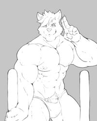 anthro canine clothing essentialryu humanoid_penis looking_at_viewer male male_only mammal monochrome muscular muscular_male pecs penis pubes smile solo speedo standing swimsuit vein