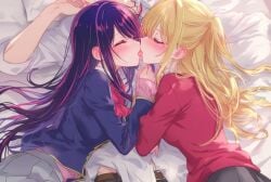 ai_generated blonde_hair blush closed_eyes daughter french_kiss fully_clothed hoshino_ai hoshino_aqua hoshino_ruby incest mother mother_and_daughter mother_son open_mouth oshi_no_ko purple_hair tongue yuri