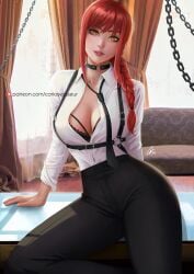 big_ass big_breasts chainsaw_man cleavage clothed female female_only geravass looking_at_viewer makima_(chainsaw_man) office_clothing office_lady red_hair thick_thighs tight_clothing tight_fit