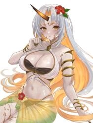 1girls alternate_costume bikini black_bikini black_swimsuit blush breasts cleavage colored_skin female female_only fire_emblem fire_emblem_heroes grey_skin gullveig_(fire_emblem) gullveig_(summer)_(fire_emblem) highres horns large_breasts long_hair looking_at_viewer multicolored_hair navel nintendo official_alternate_costume sarong see-through single_horn sitting solo swimsuit two-tone_hair white_bikini white_hair white_swimsuit yellow_eyes yellow_sarong zqzbq