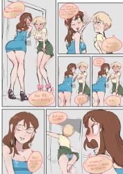 2girls 6koma ass biku black_heels blonde_hair blue_dress blush breasts brown_hair clenched_teeth closed_eyes daughter_(biku) desperation dress earrings english_text green_skirt hand_between_legs have_to_pee heels high_heels holding_crotch long_hair mother_(biku) mother_and_daughter original panties purse short_hair skirt speech_bubble underwear