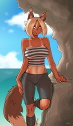 animal_ears bbc-chan blonde_hair castania clothed green_eyes monster_girl sea solo tail tan tan_lines wolf_ears wolf_girl wolf_tail