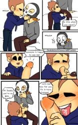 blowjob blush boner comic comic_page crotch cum_in_mouth cum_on_face daddy daddy_kink eddsworld femboy friends gay girly goddessoftheworld_(artist) kissing male male/male mask masked masked_male speech speech_bubble sucking sucking_penis tom tom_(eddsworld) tord tord_(eddsworld) yaoi