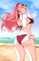 1girls 2024 absurdres alternate_costume ass ass_focus beach big_ass bikini bracelet breasts ceroccb ear_piercing earrings female female_only fire_emblem fire_emblem:_three_houses glasses glasses_on_head hand_on_hip highres hilda_valentine_goneril human human_only jewelry light-skinned_female light_skin lipstick long_hair looking_at_viewer looking_back makeup medium_breasts nail_polish nintendo outdoors piercing pink_eyes pink_hair post-timeskip red_bikini red_nails red_swimsuit sideboob solo straight_hair sunglasses sunglasses_on_head swimsuit thighs twintails underboob