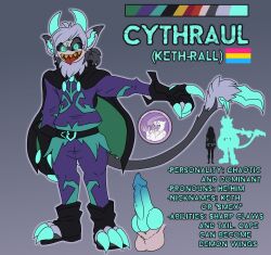 animal_genitalia animal_penis balls belt black_sclera cape claws clothed clothing cythraul cythraul_the_demon demon genitals gloves glowing glowing_eyes hair handwear hi_res horn hyperchibiabsol inner_ear_fluff kethraul knot knotted_penis lgbt_pride male pansexual_pride_colors penis plantigrade ponytail pride_colors sharp_teeth tail teeth tongue tongue_out tuft yellow_teeth