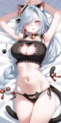 ai_generated breasts cat_ears cat_lingerie cat_tail catgirl genshin_impact laying_on_bed ministro navel shenhe_(genshin_impact)