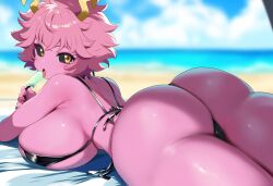 ai_generated ashido_mina beach big_breasts bikini black_bikini eating_ice_cream ice_cream jaygoats licking_ice_cream looking_at_viewer looking_over_shoulder mina_ashido my_hero_academia pink_hair pink_skin thick_thighs towel